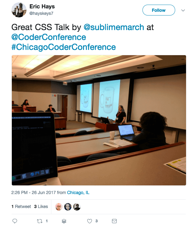 Tweet with text "Great CSS Talk by @sublimemarch at @coderconference"