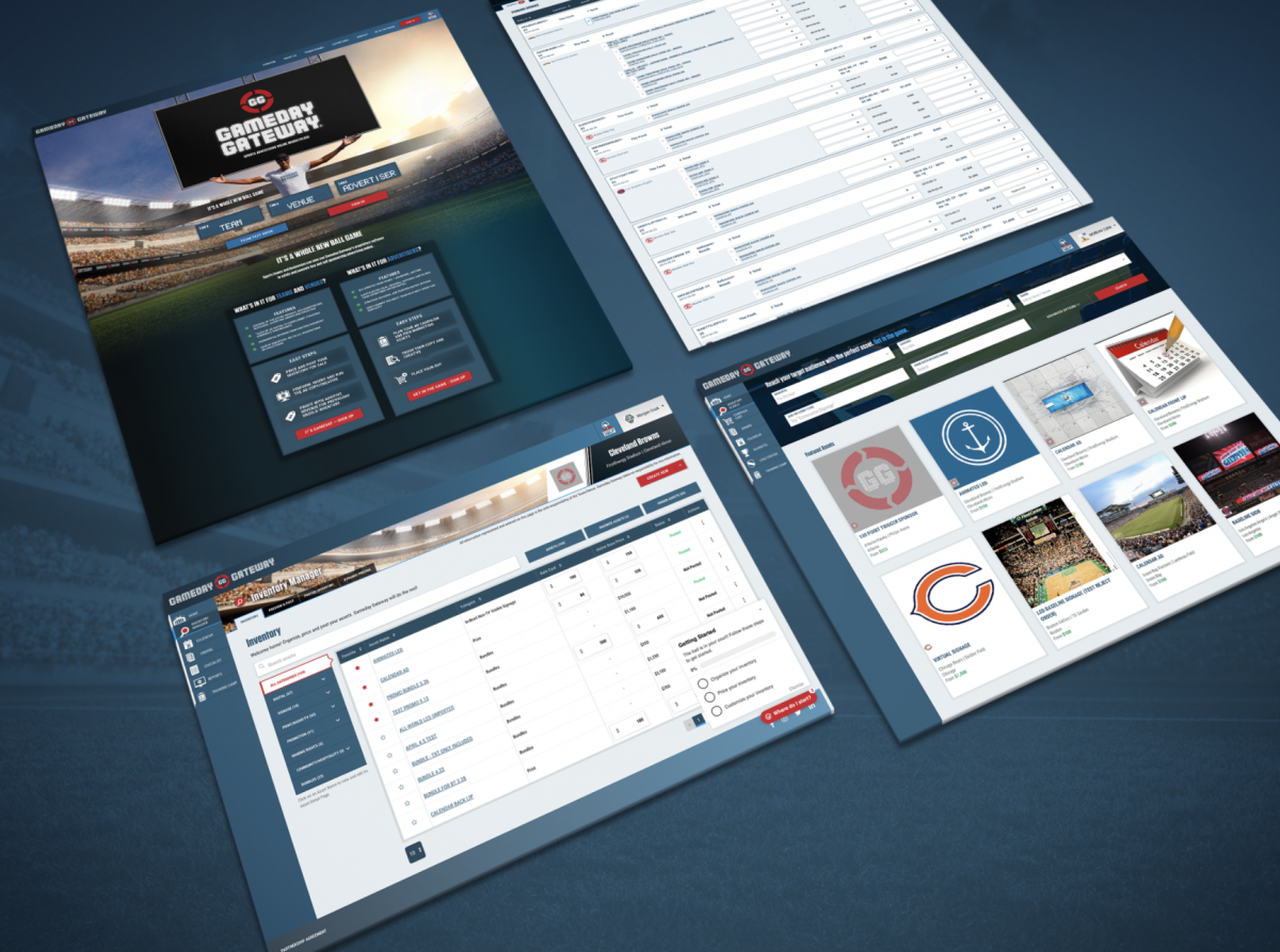 screenshot of several pages of GameDay's website