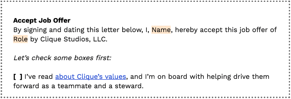 Screen shot of job offer statement that includes accepting Clique's core values before signing