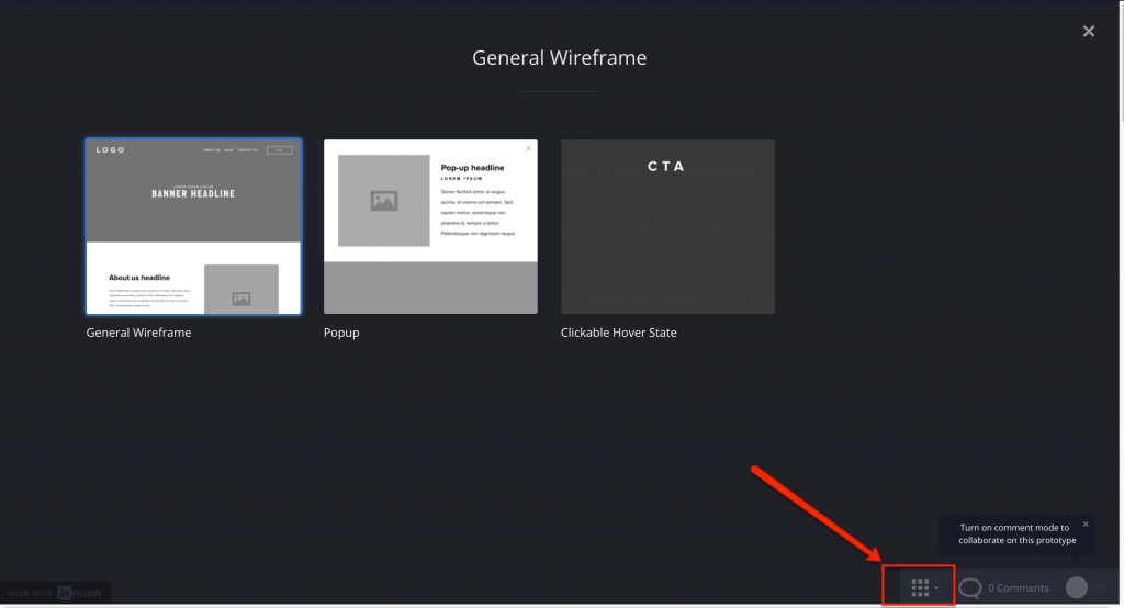 Screenshot of all wireframes in an Invision project
