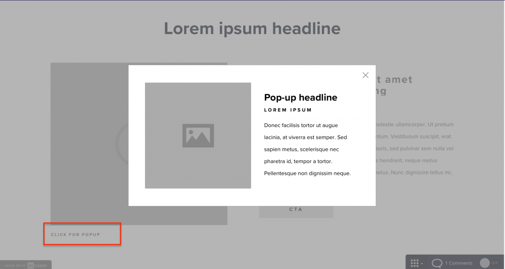 Screenshot of wireframe with a pop-up open