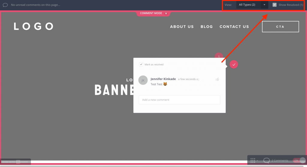 Test comment on invision wireframe showing you can view resolved comments