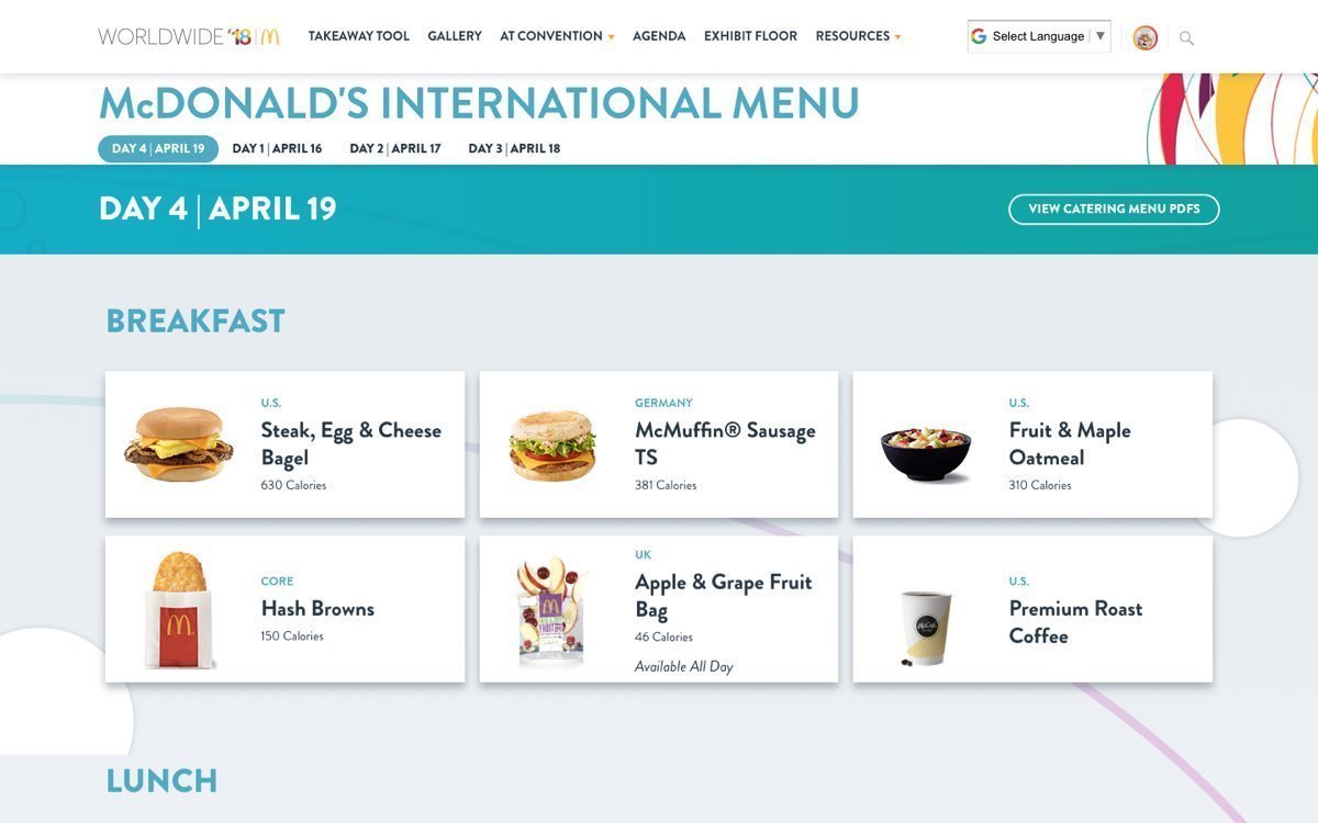 McDonald's website international menu page