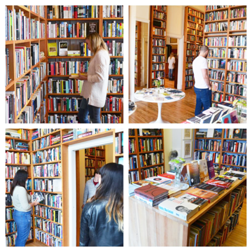 A collage of Clique team members shopping for books at Dial Bookshop
