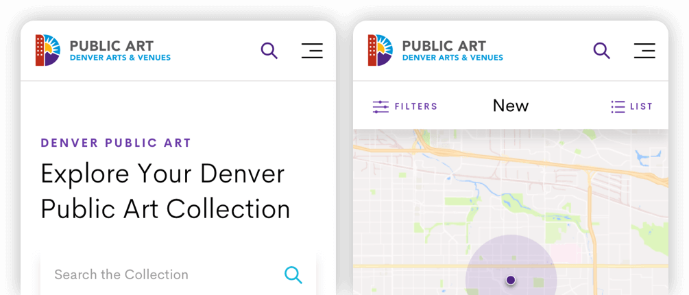 Denver Public Art dual mobile view of homepage and map page