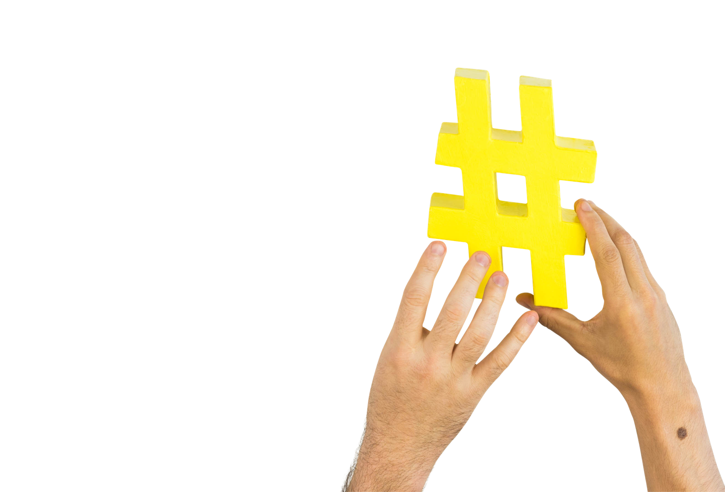 Two hands passing a hashtag along