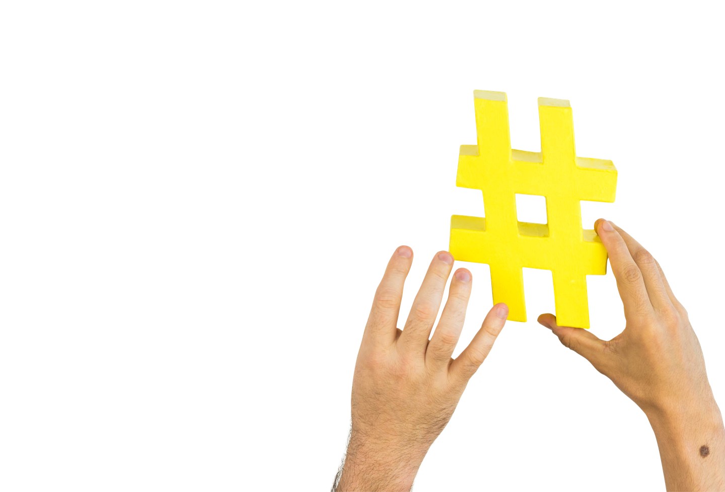 Two hands passing a hashtag along