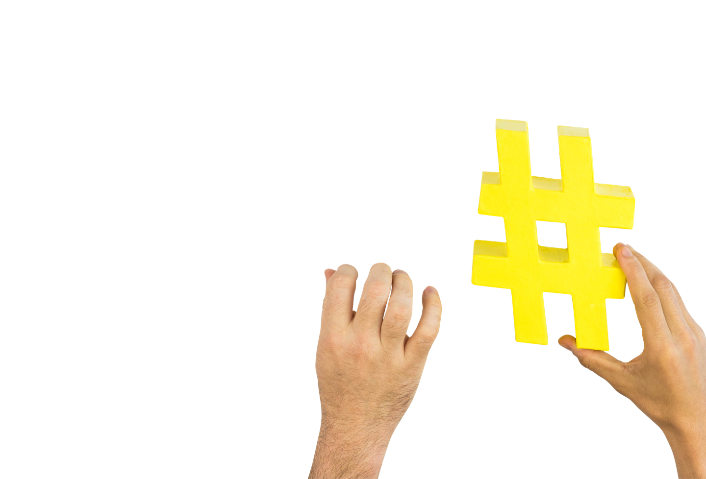Two hands passing a hashtag along