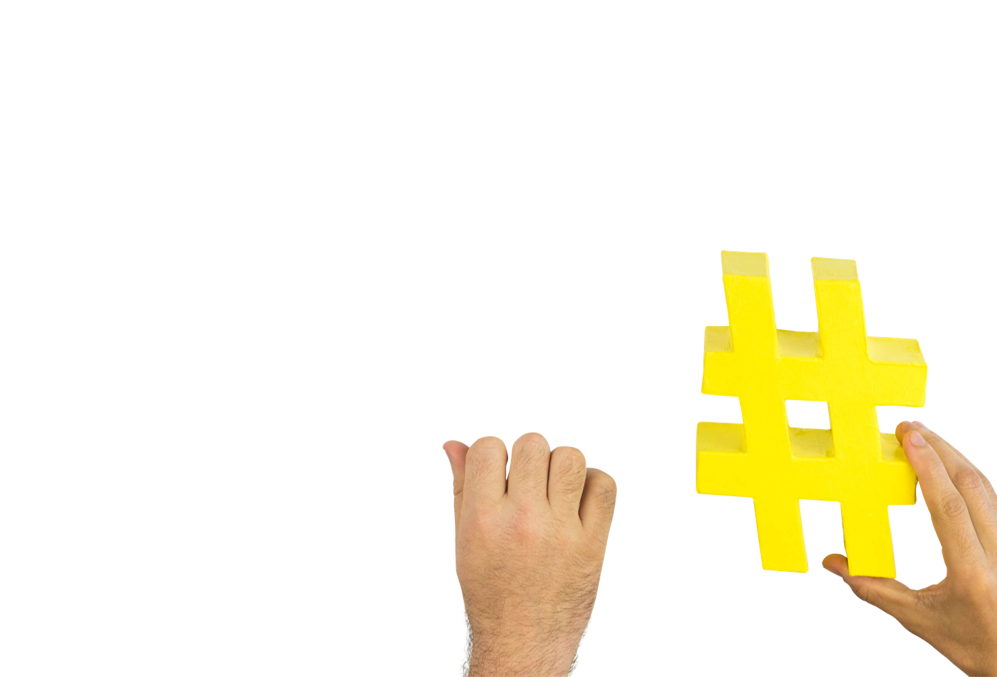Two hands passing a hashtag along