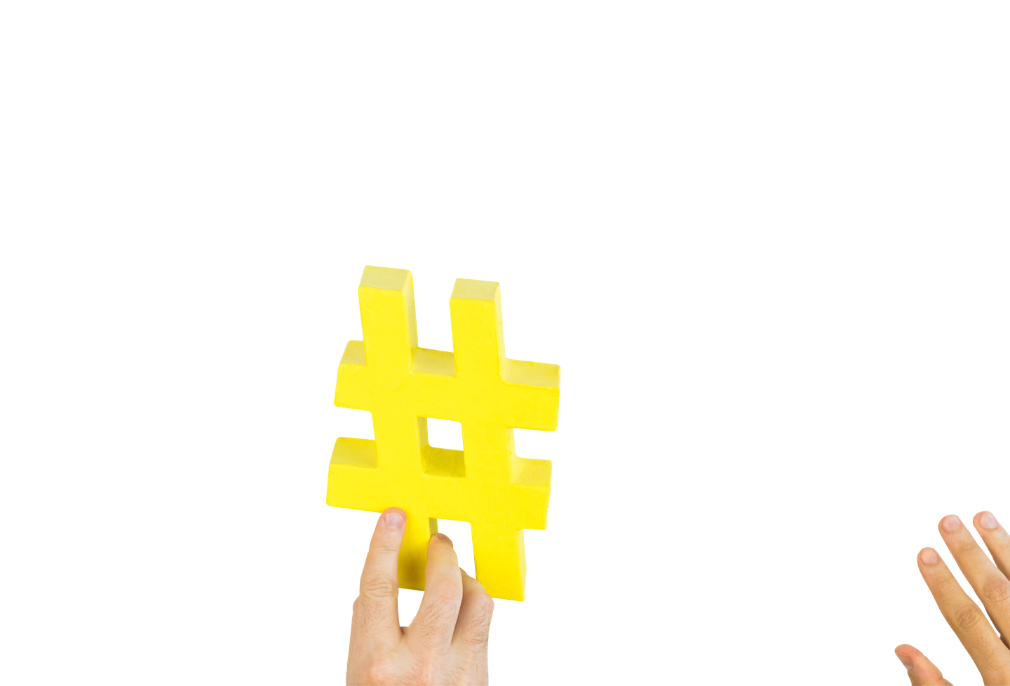 Two hands passing a hashtag along