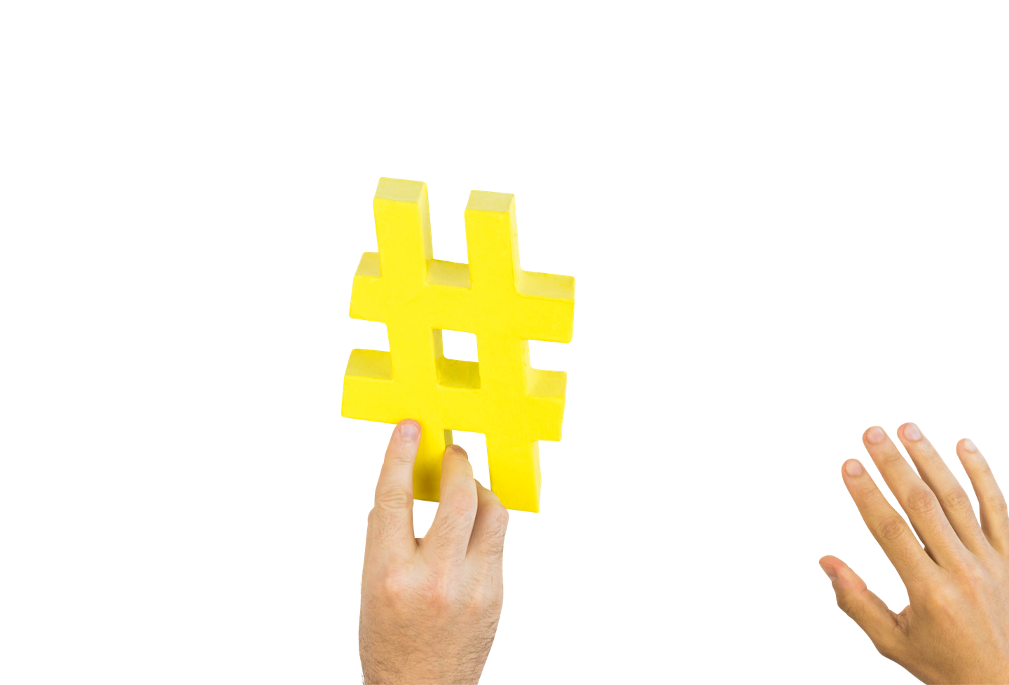 Two hands passing a hashtag along