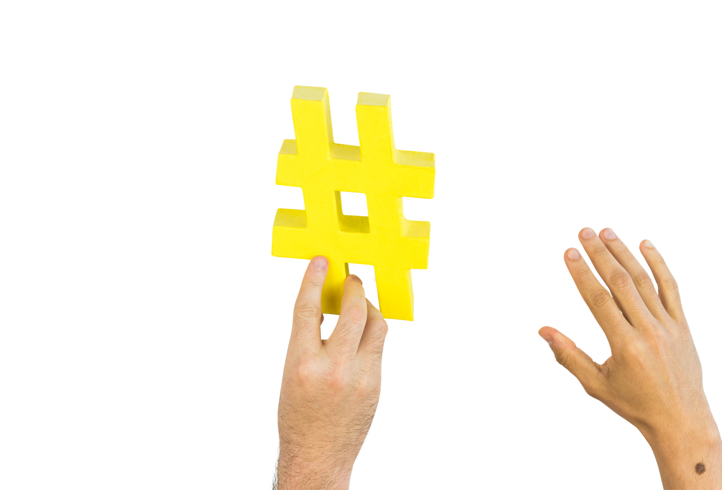 Two hands passing a hashtag along