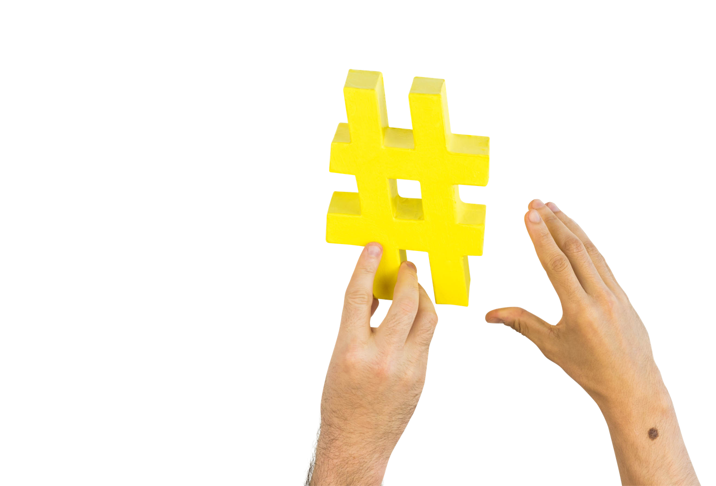 Two hands passing a hashtag along
