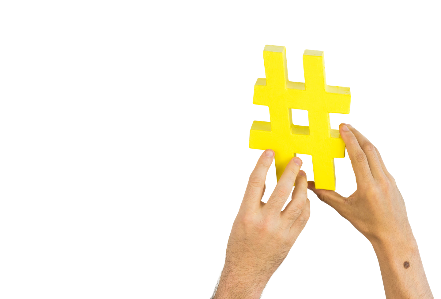 Two hands passing a hashtag along
