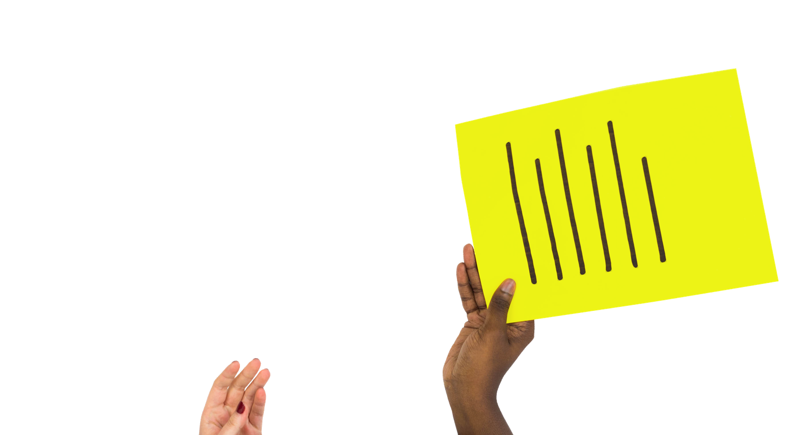 Two hands passing a piece of paper with writing on it