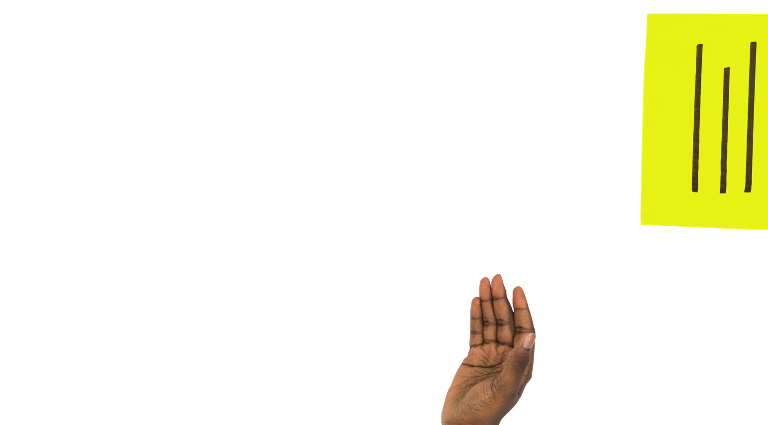 Two hands passing a piece of paper with writing on it