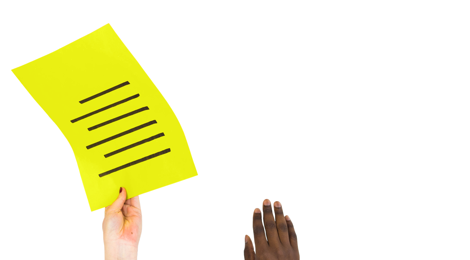 Two hands passing a piece of paper with writing on it