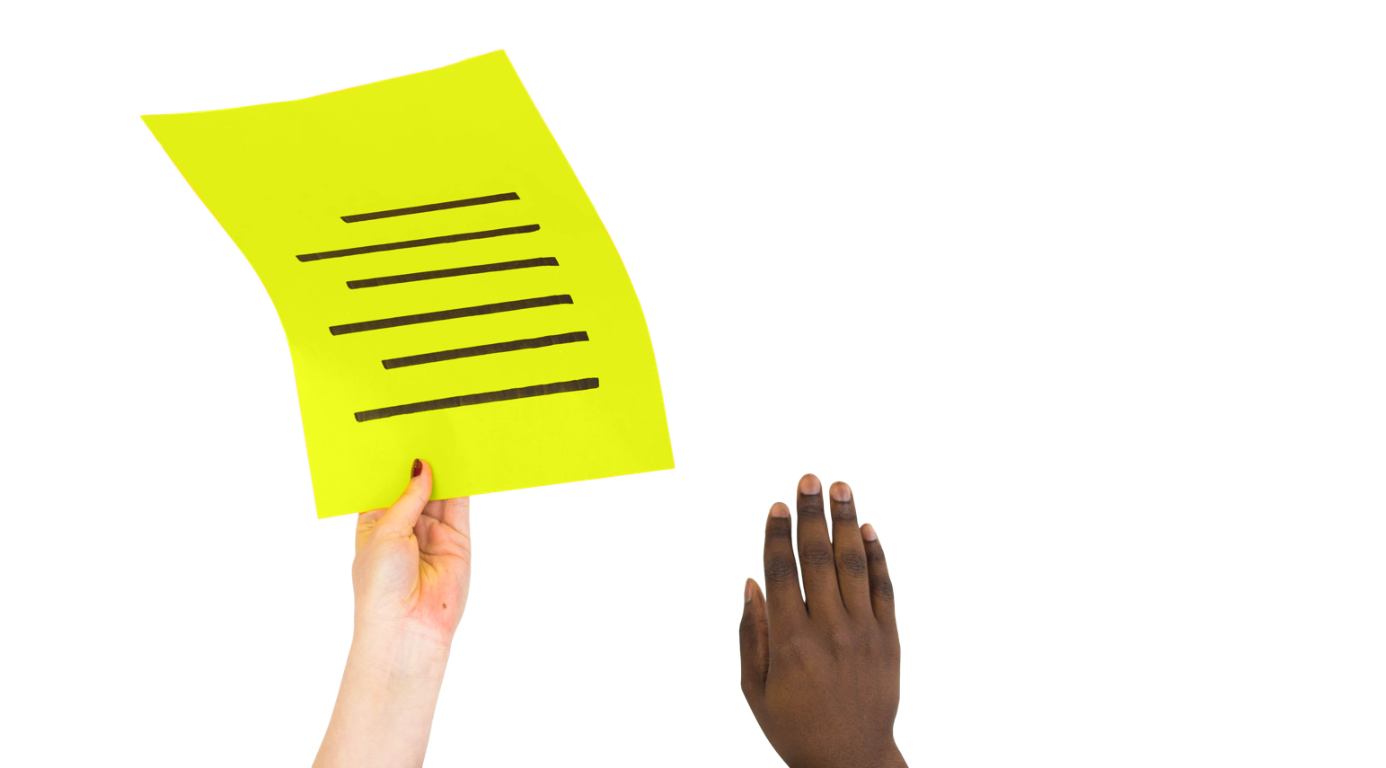 Two hands passing a piece of paper with writing on it