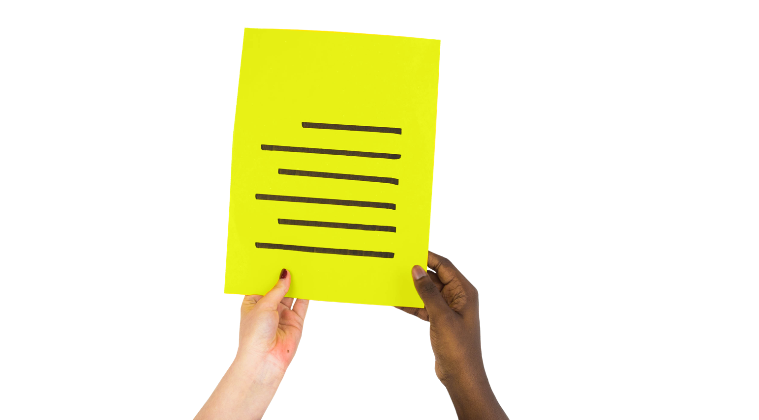 Two hands passing a piece of paper with writing on it