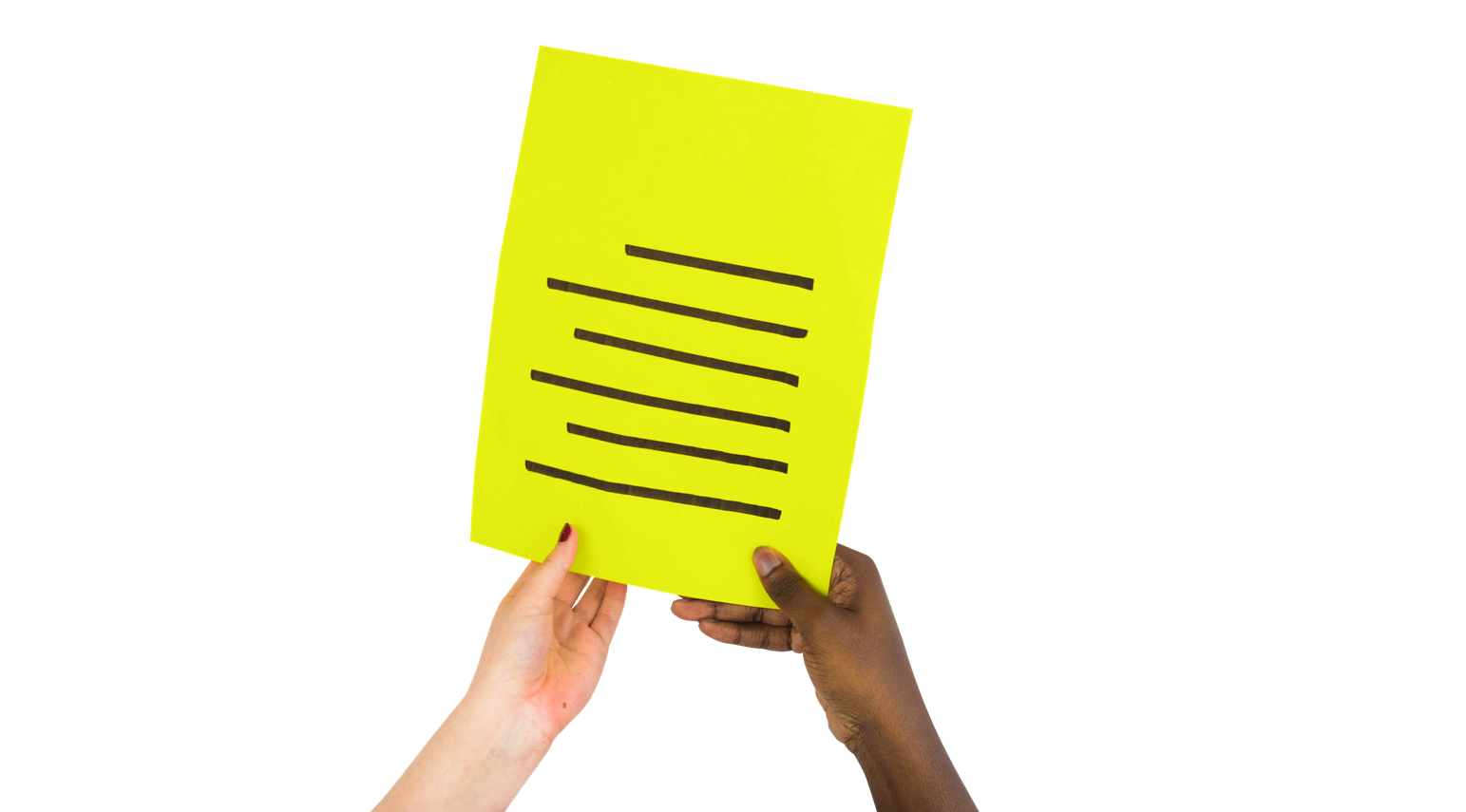 Two hands passing a piece of paper with writing on it