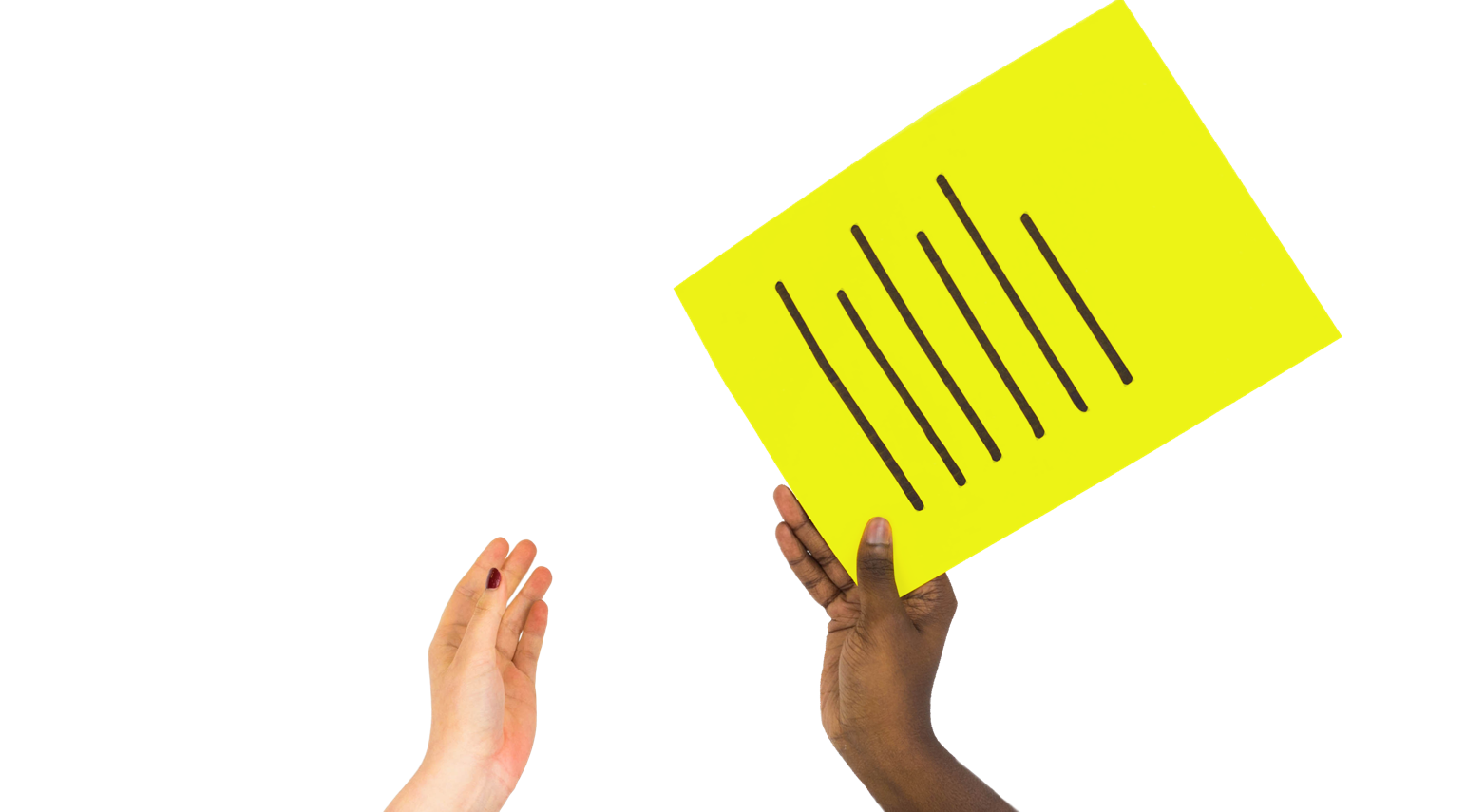 Two hands passing a piece of paper with writing on it