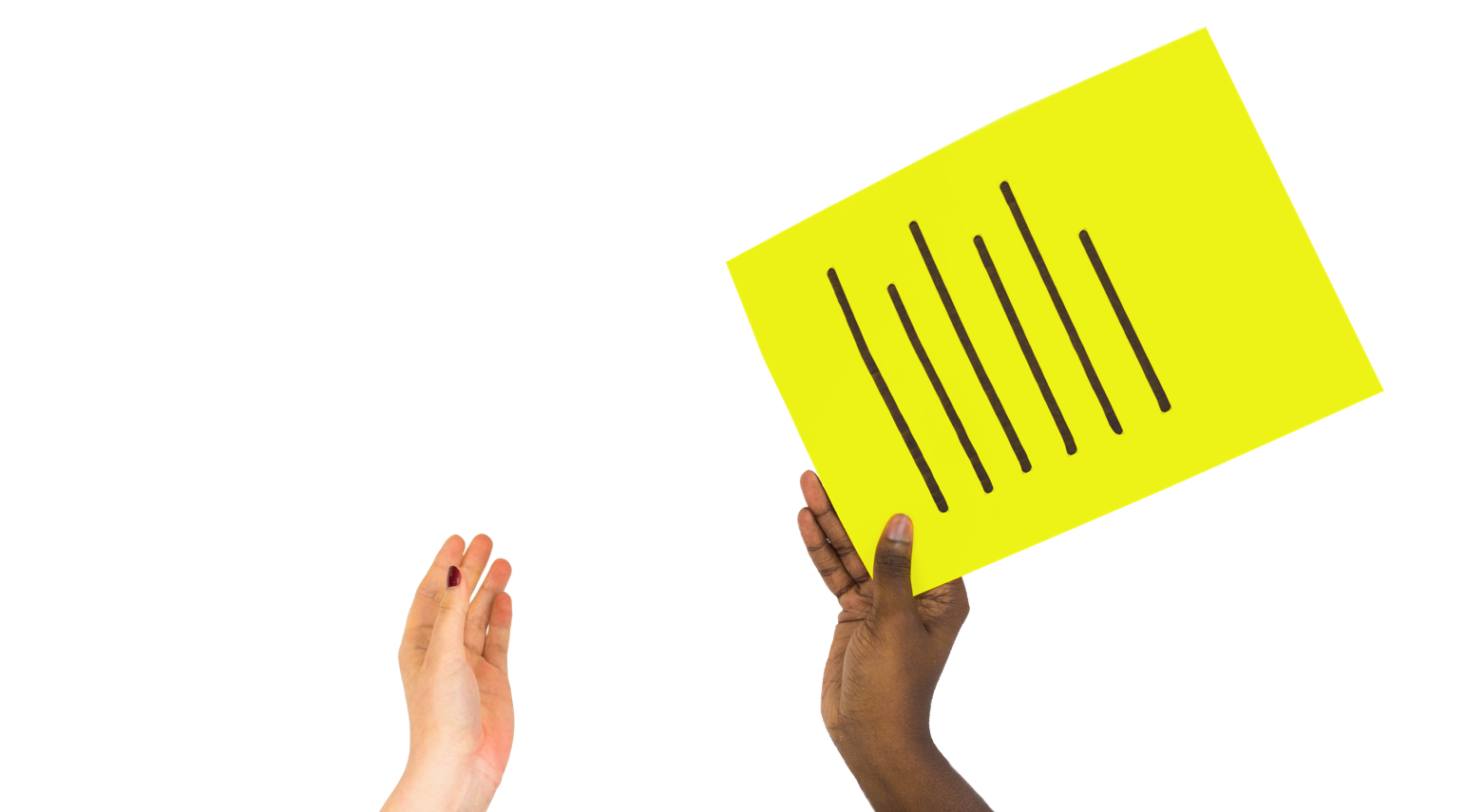 Two hands passing a piece of paper with writing on it
