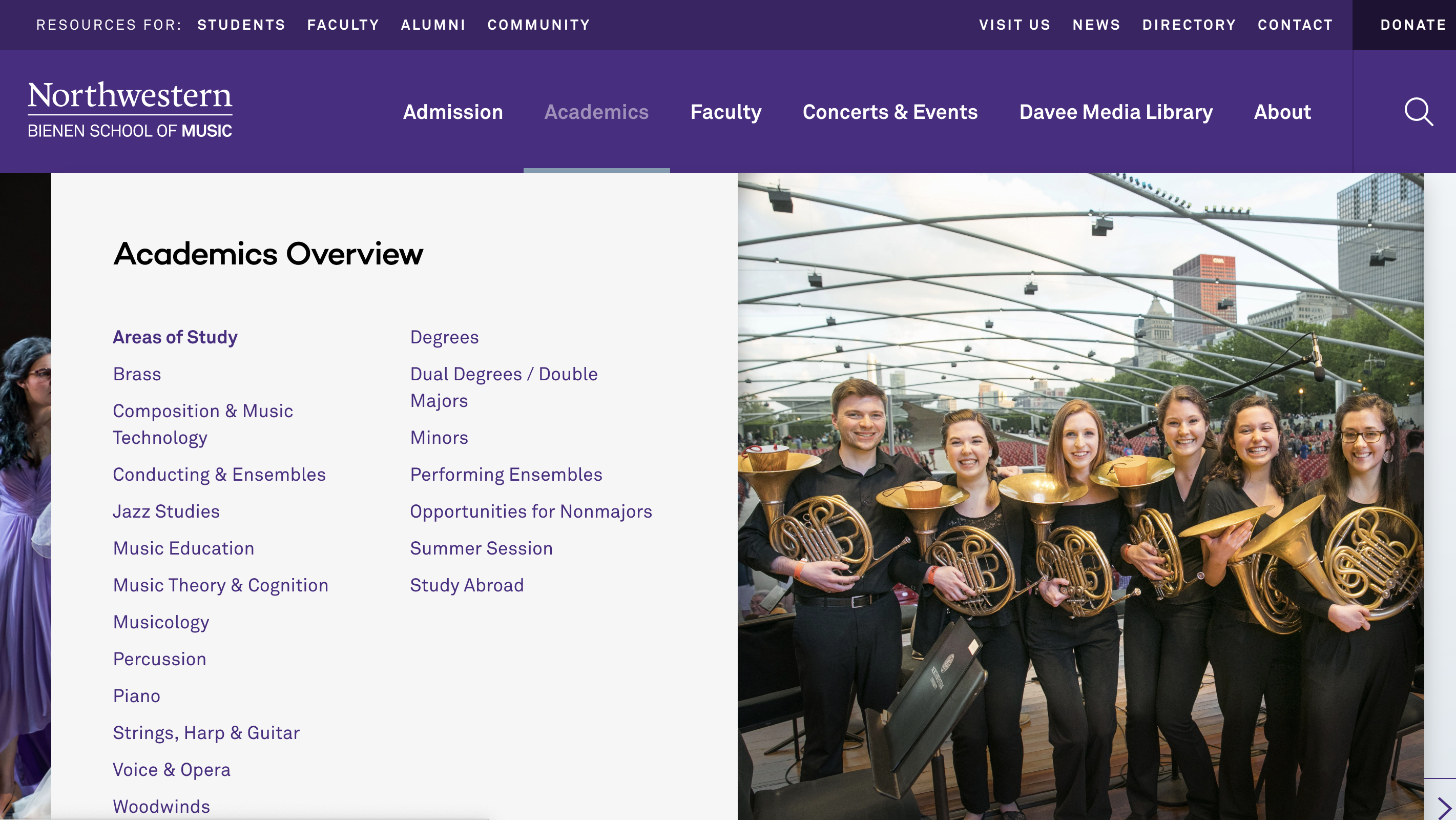 Top navigation "Academics" tab drop down bar, activated by hover