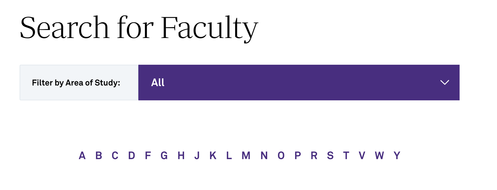 Filter by Area of Study, or select a letter from the alphabet