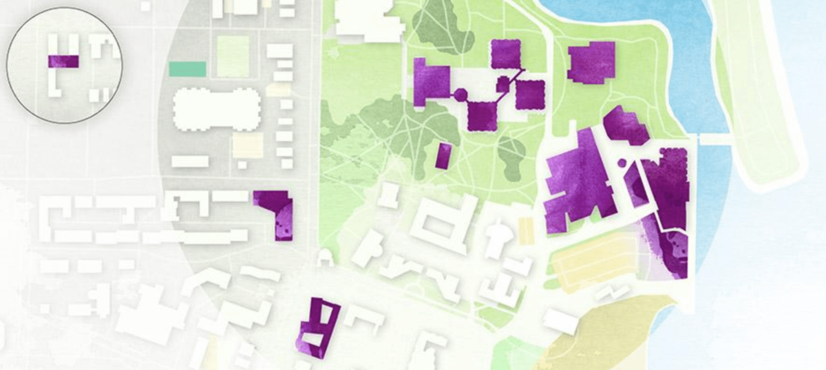 Map of buildings grouped closely together on campus