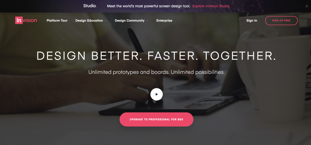 Screenshot of Invision's homepage that says "Design Better. Faster. Together."