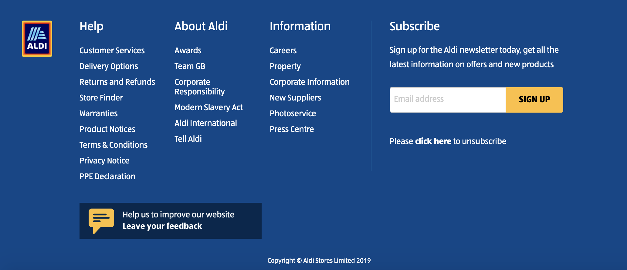 aldi website footer