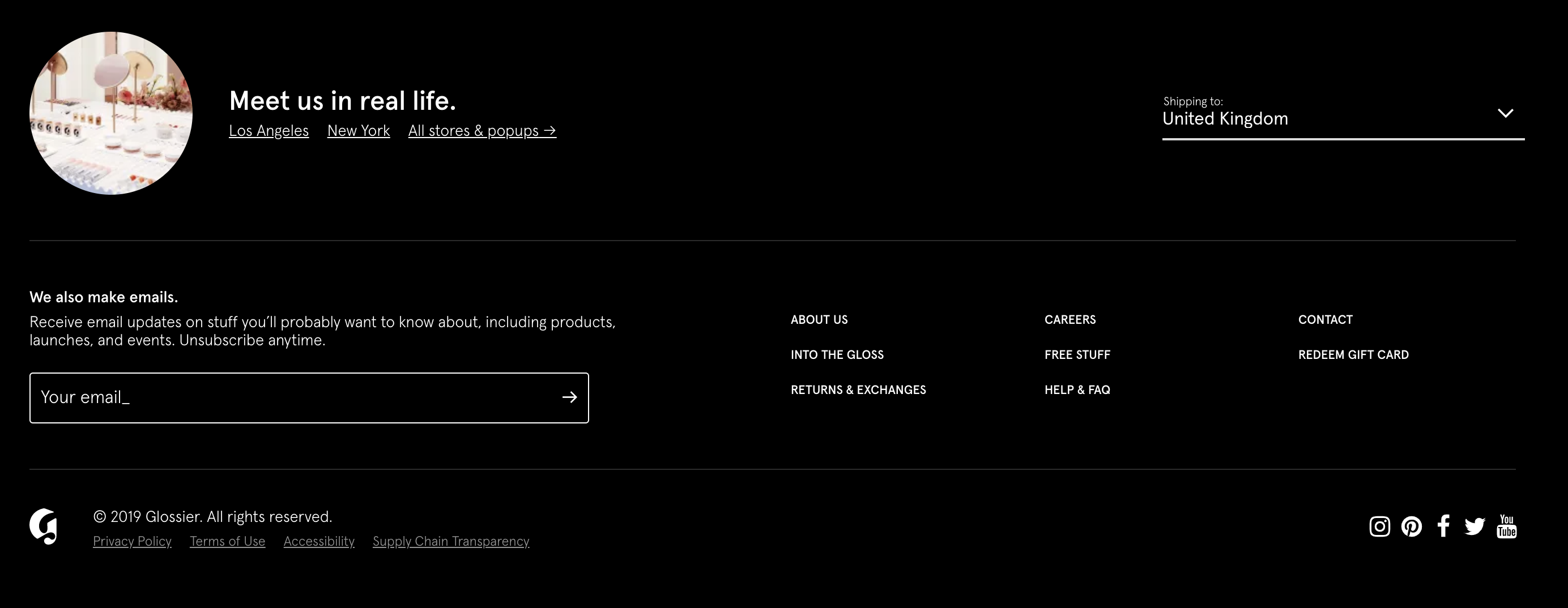 glossier website footer