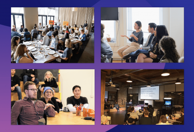 Collage of Clique employees giving presentations to rooms full of students and/or professionals.