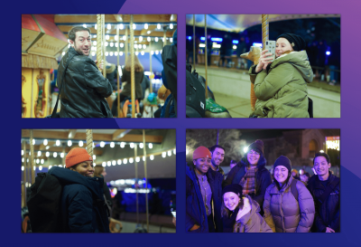 Collage of Clique employees riding a carousel and a group photo at ZooLights