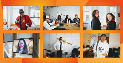 Collage of Clique employees in costumes including Ash Catcher, vampires, a clown, and a 404 page.