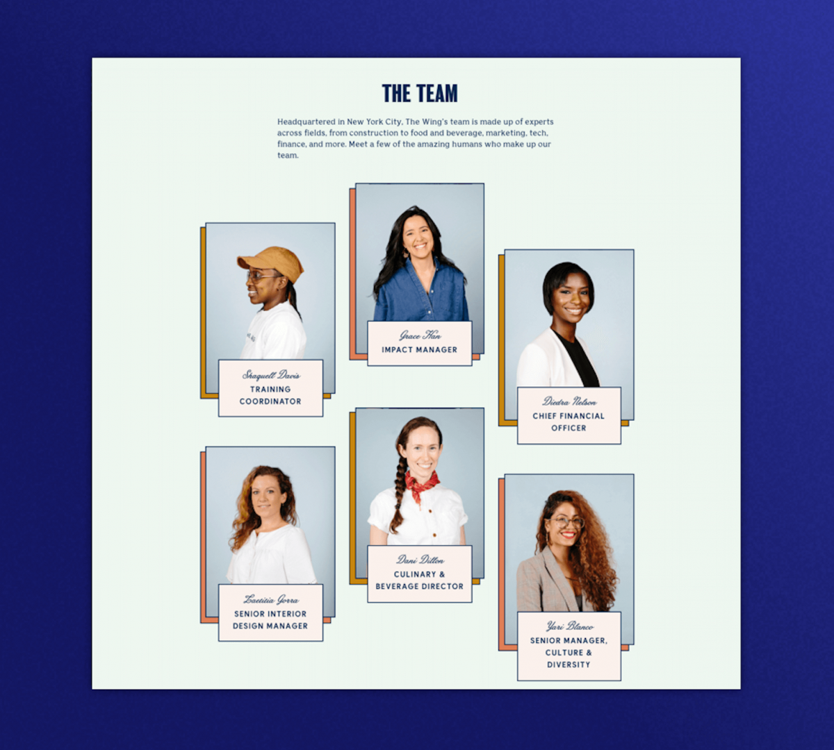 Team section for The Wing's website with images of 6 diverse women in their leadership team