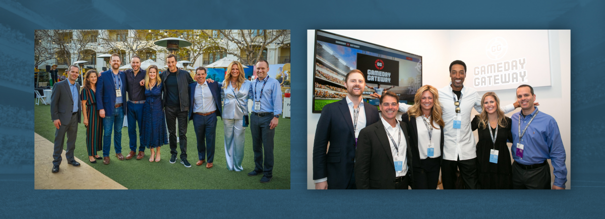 Group photos of Clique employees with Gameday Gateway staff and investors, including Scottie Pippen