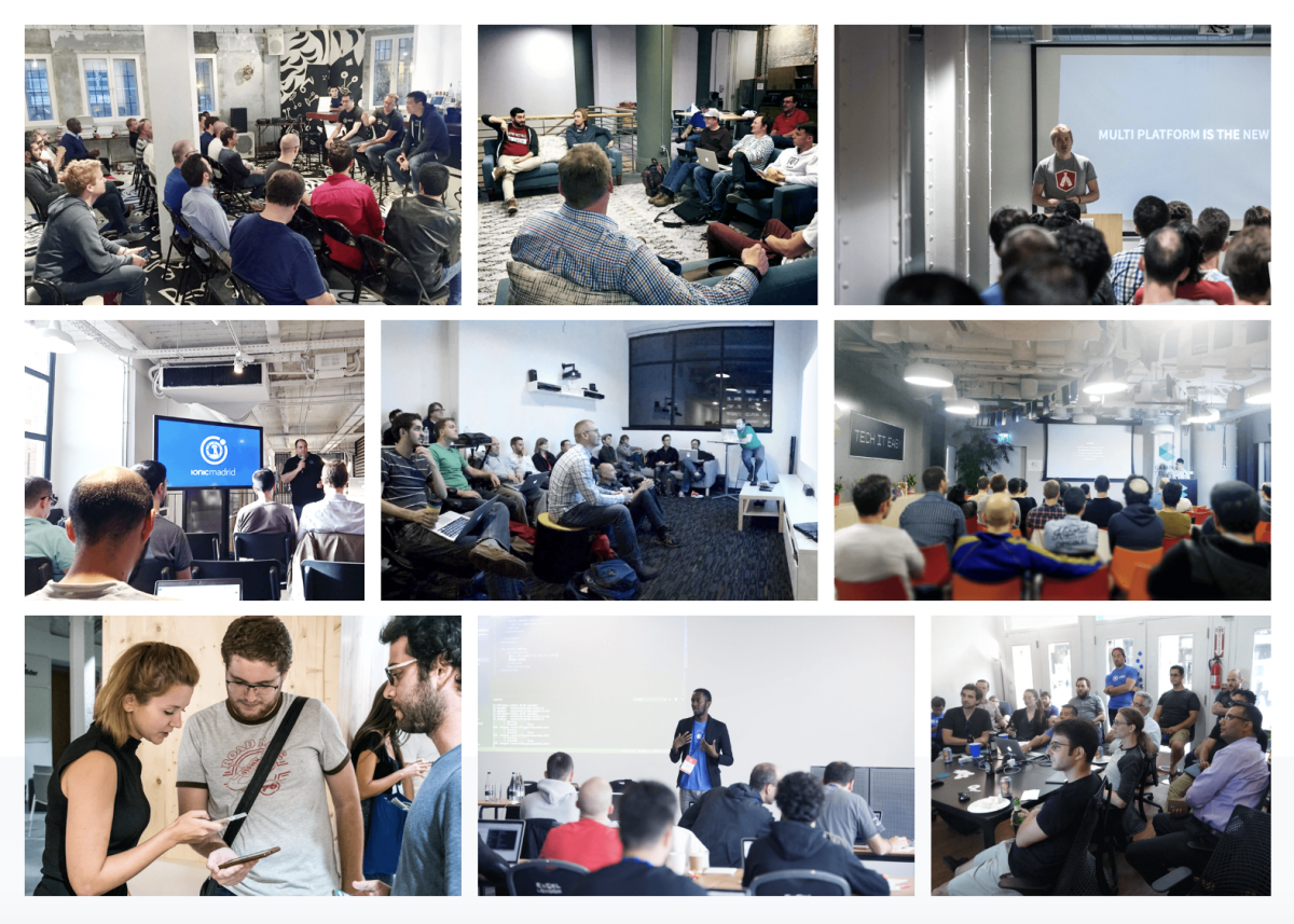Collage showing groups of developers meeting in various environments