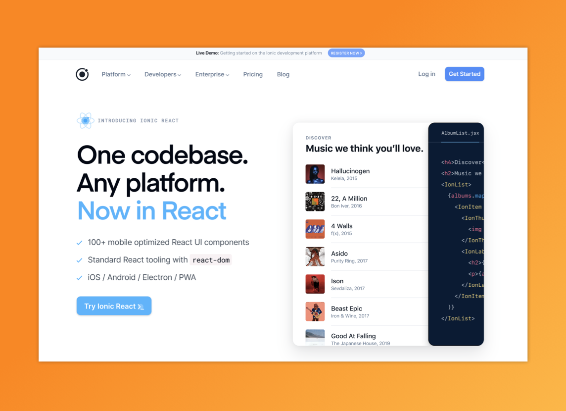 Ionic homepage with their lead value proposition: “One codebase. Any platform.” 