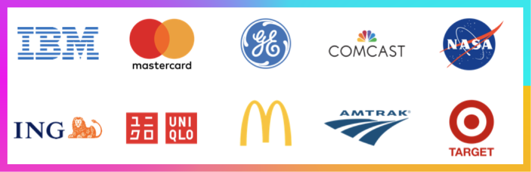 List of logos including: IBM, Mastercard, GE, Comcast, NASA, ING, Uniqlo, McDonald's, Amtrak, and Target