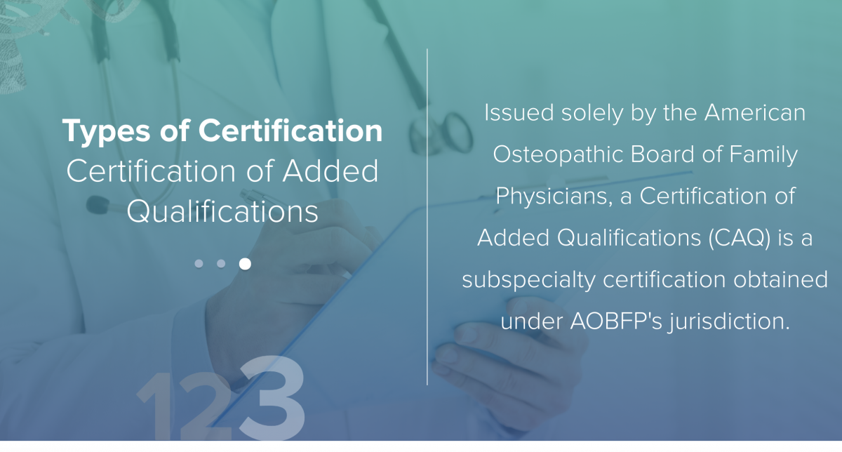 screenshot from American Osteopathic Association website showing types of certification from the organization 