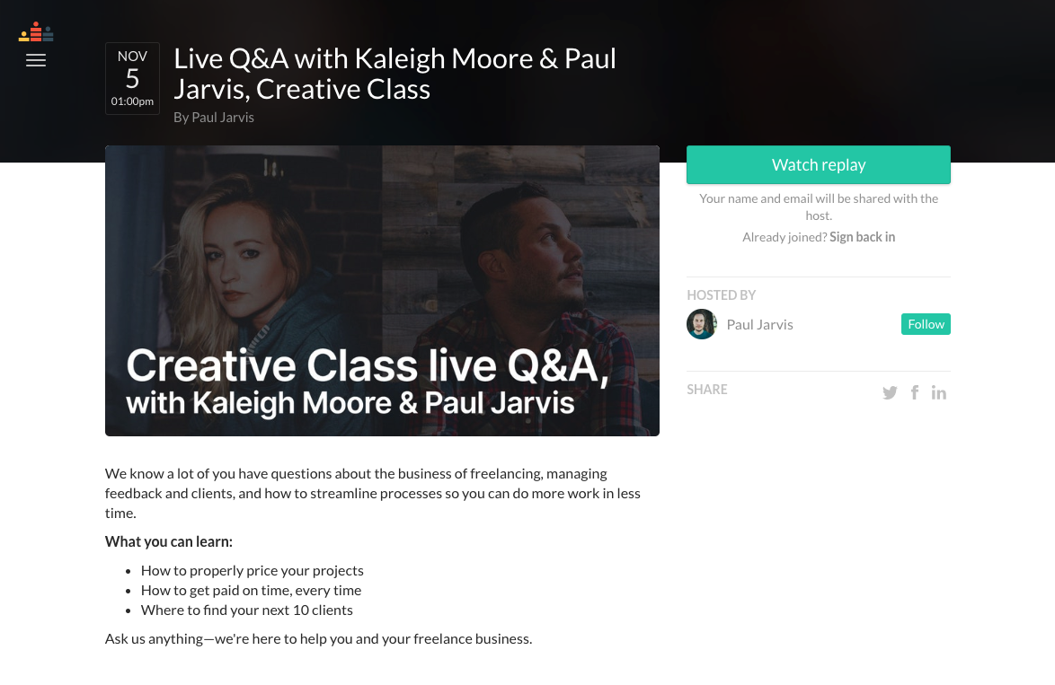 crowdcast landing page for a creative class live Q&A