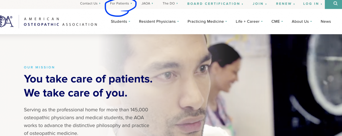 image of the American Osteopathic Association Patient webpage