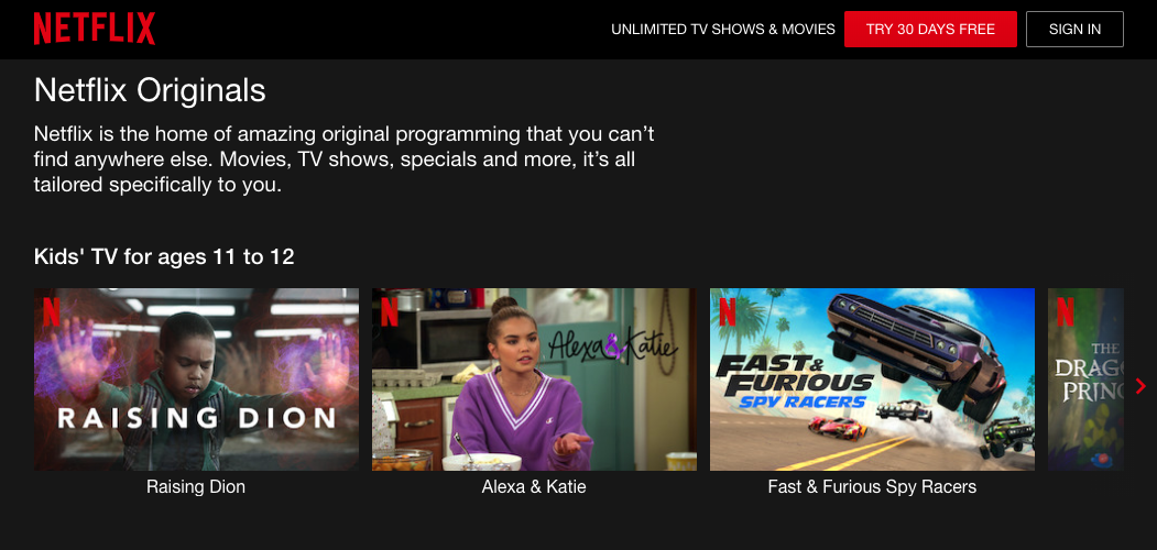netflix originals landing page with a sample of shows