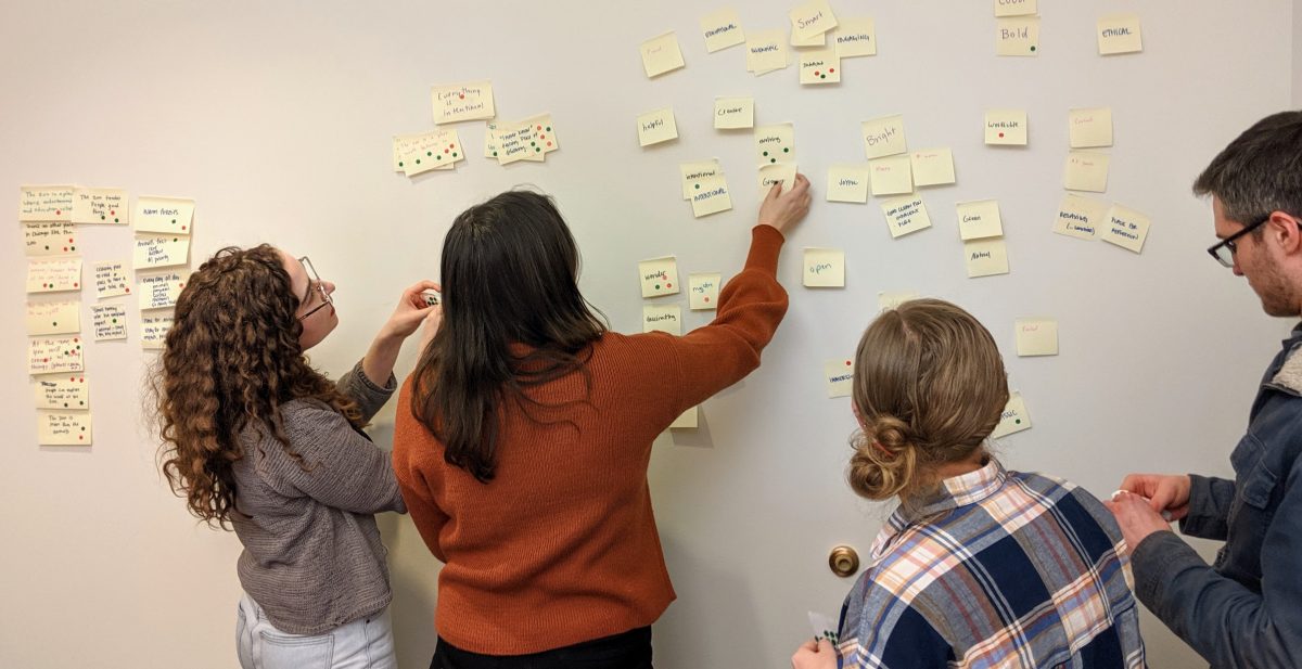 Clique team using stickers to vote on sticky notes