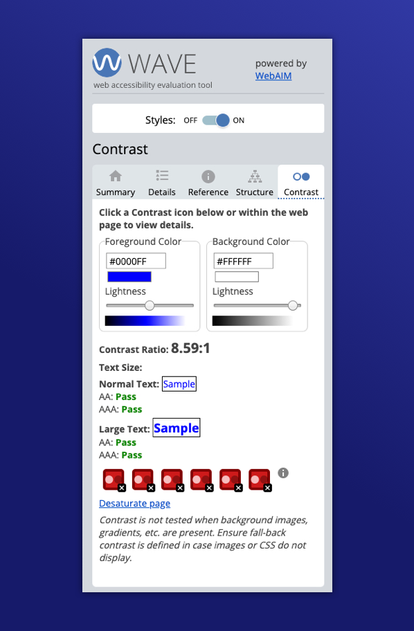 Color contrast test results in WAVE