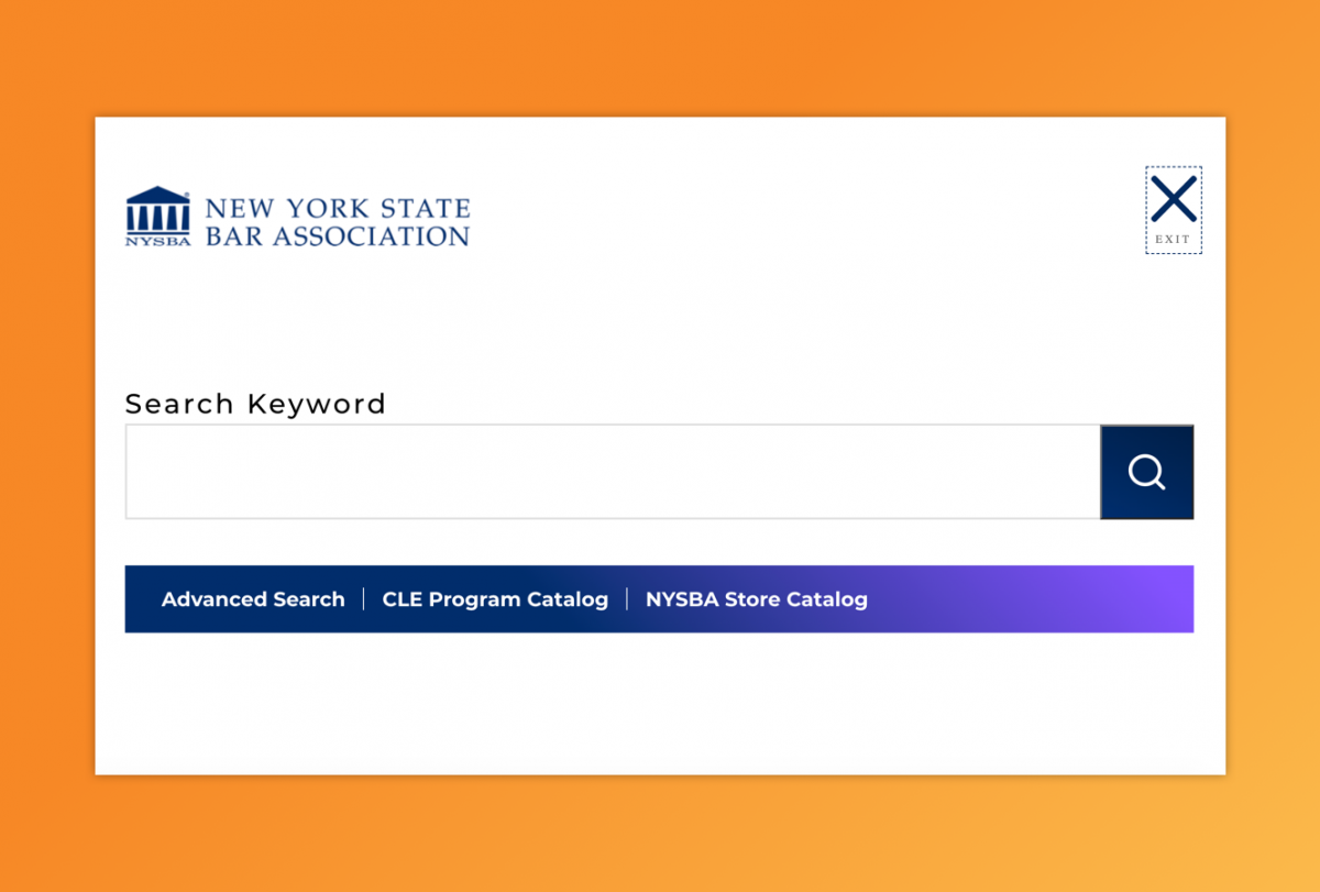 A query box labeled “Search keyword” with links to advanced search, DLE program catalog, and NYSBA store catalog