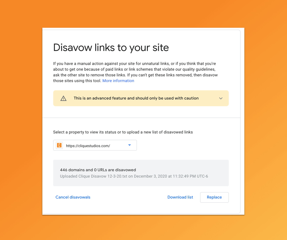 screenshot of Google Disavow tool