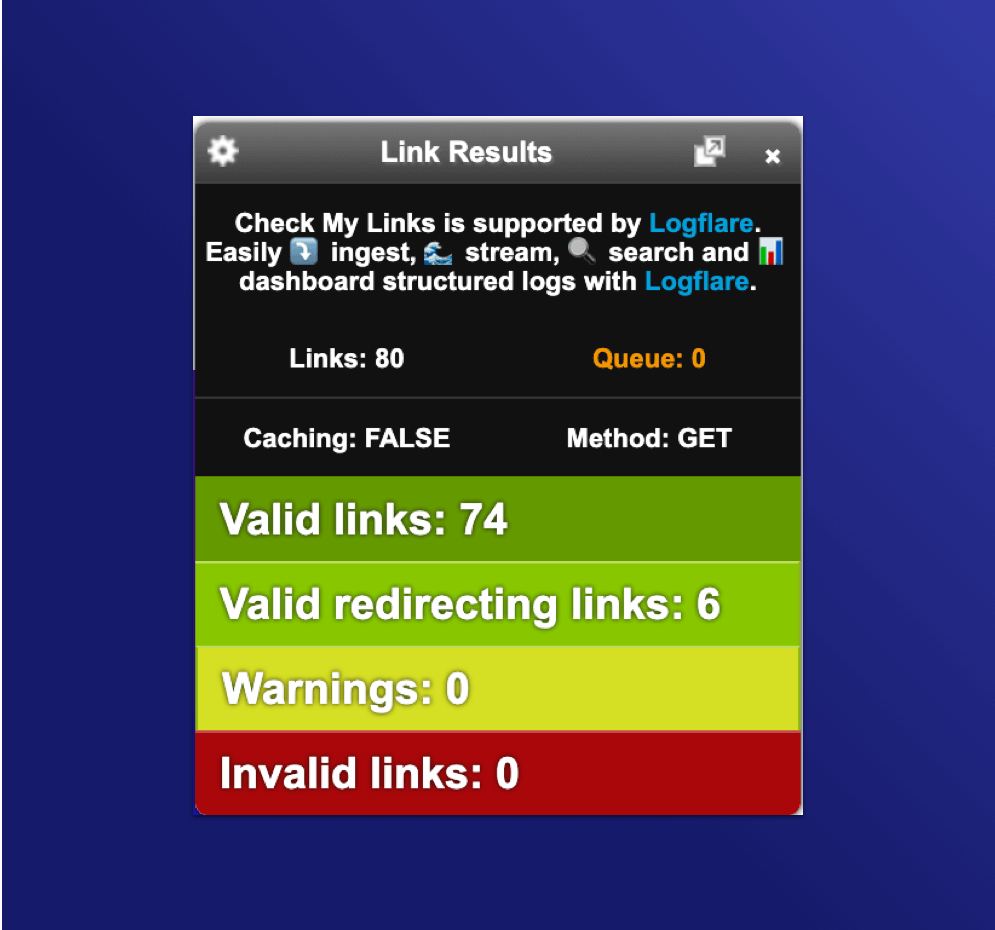 A screenshot of the check my links tool checking for valid links on a website
