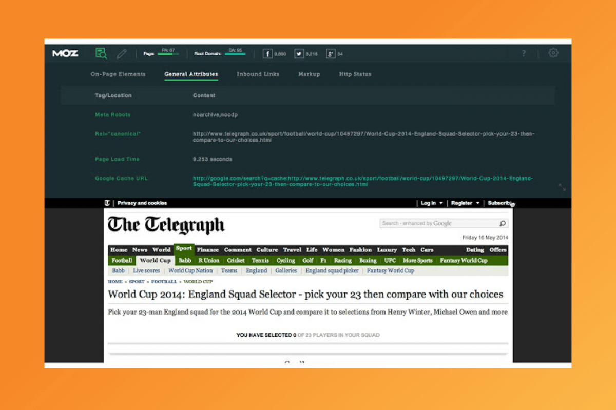 A Screenshot of MozBar being used on an article by The Telegraph